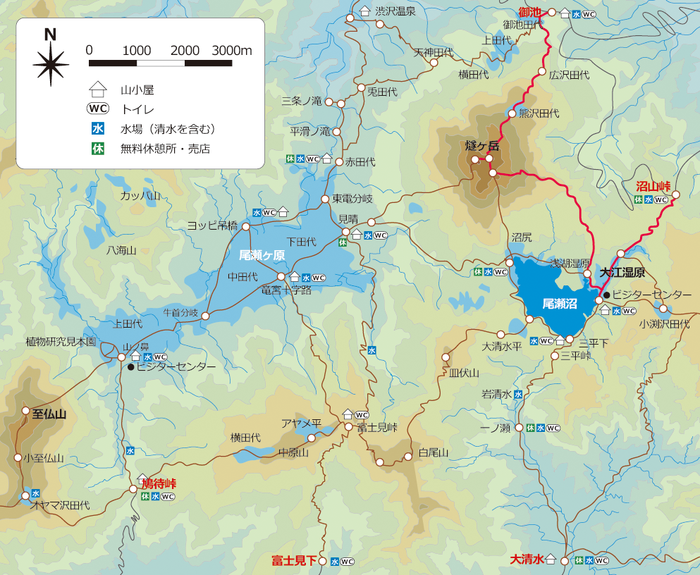 大江湿原・尾瀬沼を回って燧ヶ岳3ピーク登頂コースマップ